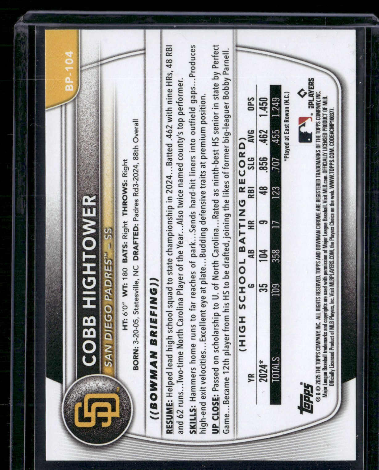 2025 Bowman COBB HIGHTOWER #BP-104 1st Bowman