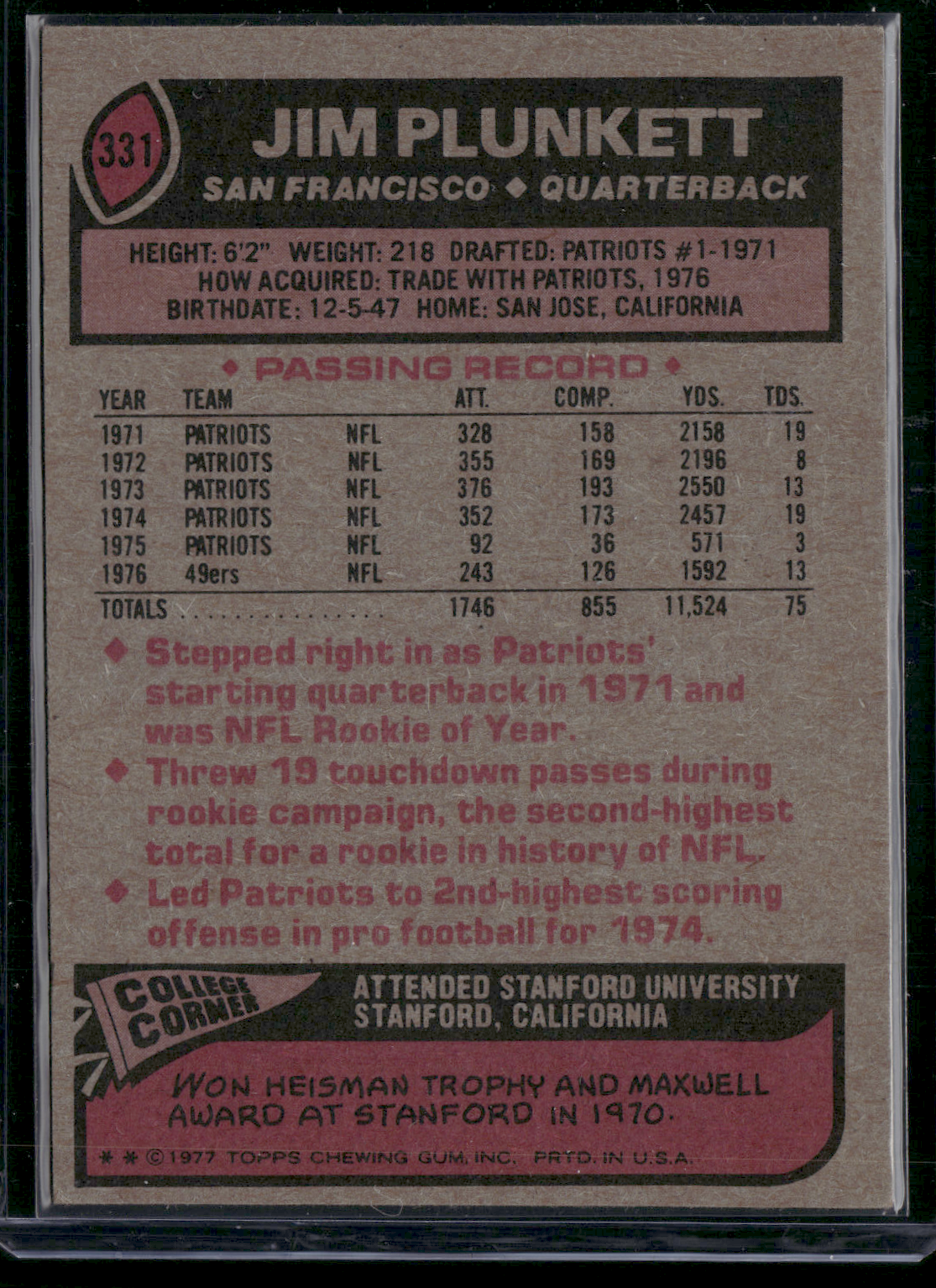 1977 Topps JIM PLUNKETT #331 (VG/EX-EX)