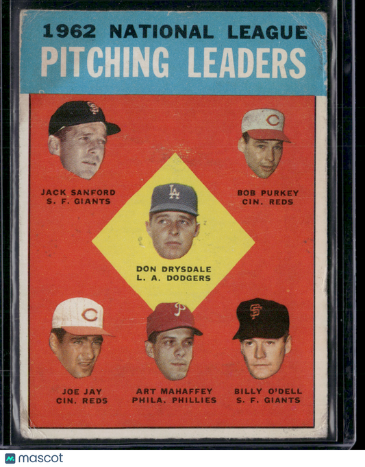 1963 Topps DRYSDALE/SANFORD/PURKEY/JAY/MAHAFFEY/O'Dell #7 1962 NL Win Leaders
