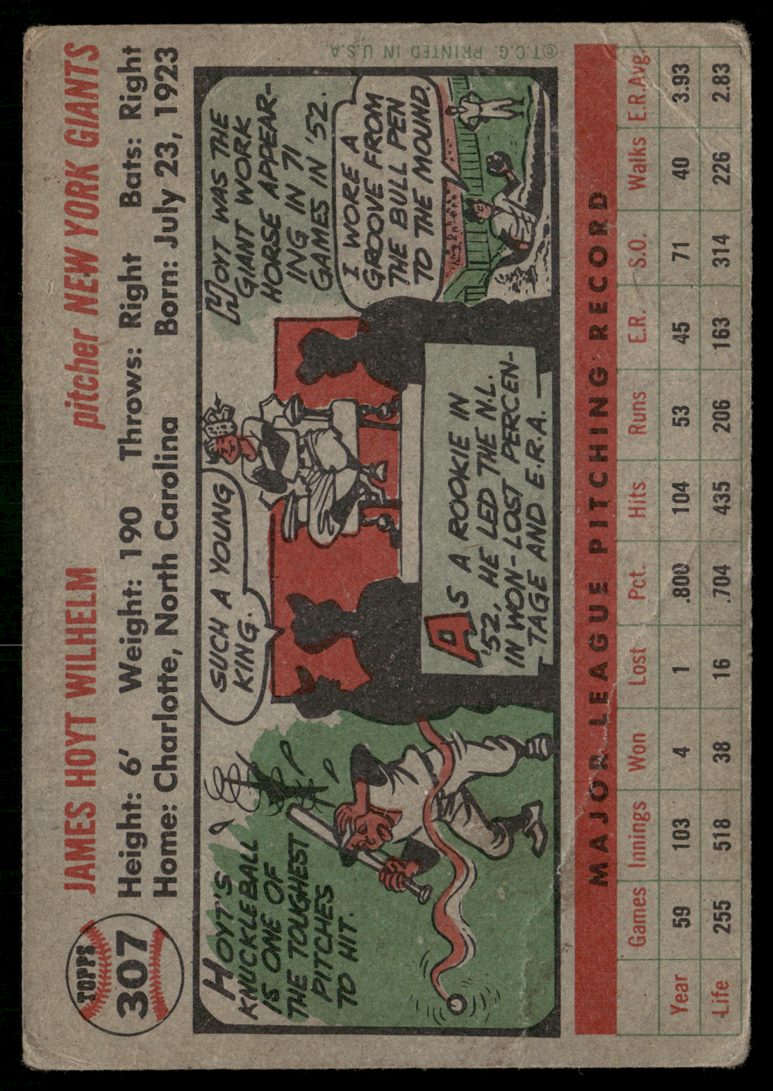 1956 Topps HOYT WILHELM #307 Scratch Crease Wrinkles (Fair)