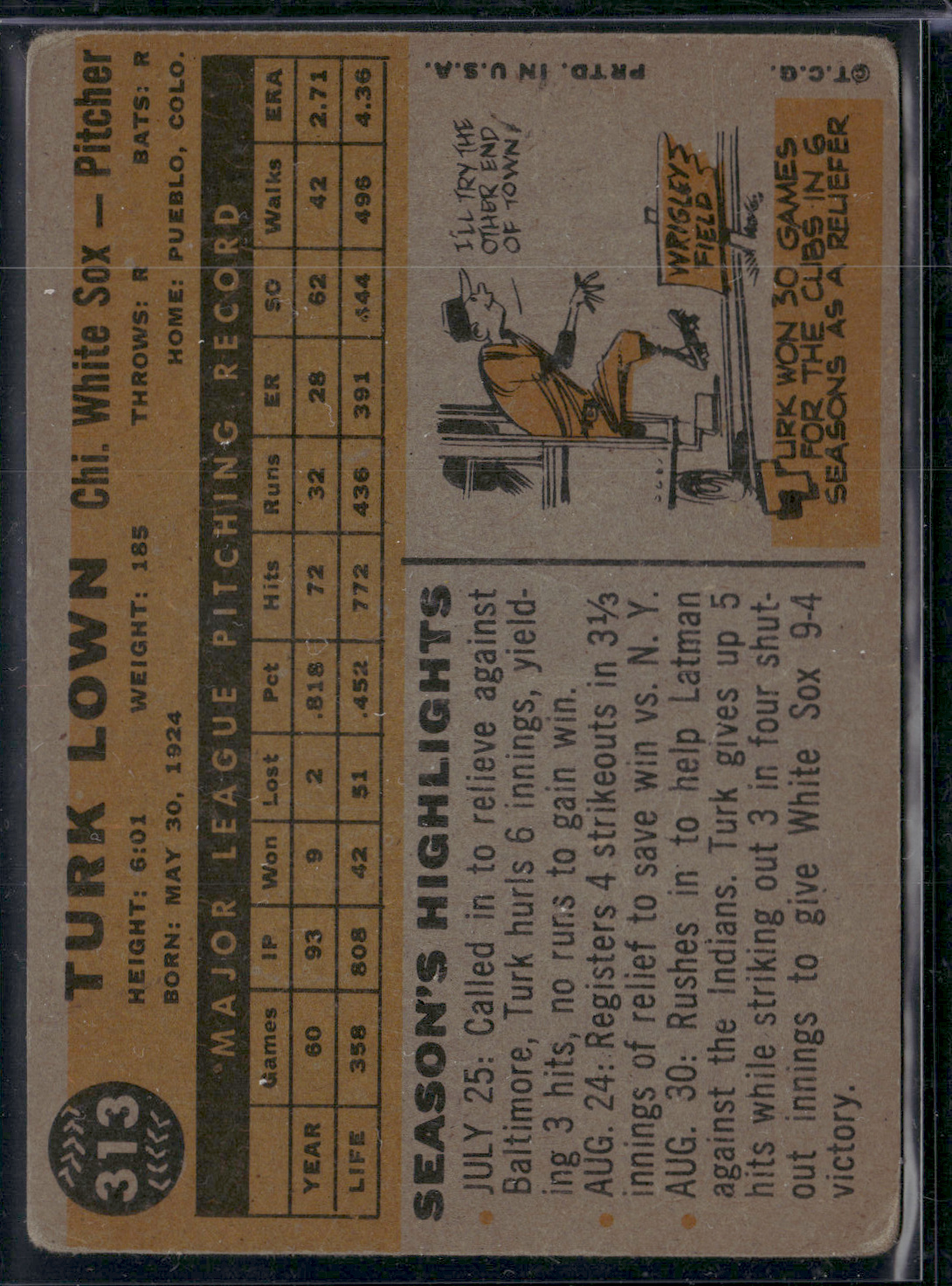 1960 Topps TURK LOWN #313 Toning (VG)