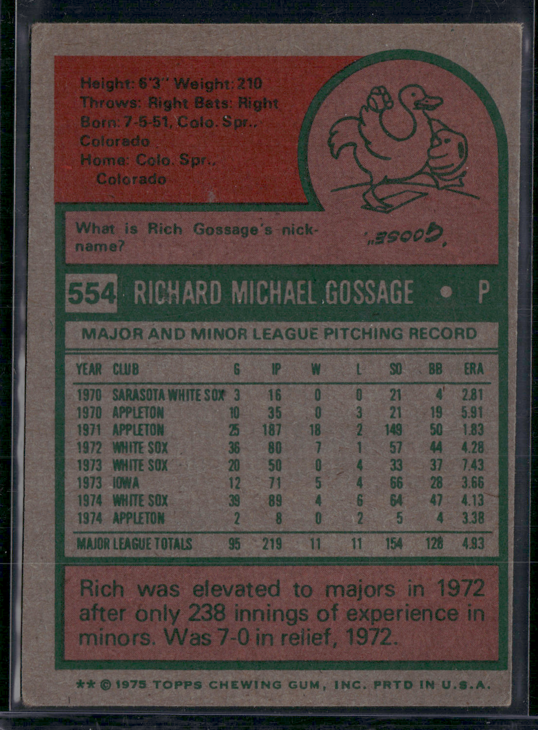 1975 Topps RICH GOSSAGE #554 (VG/EX)
