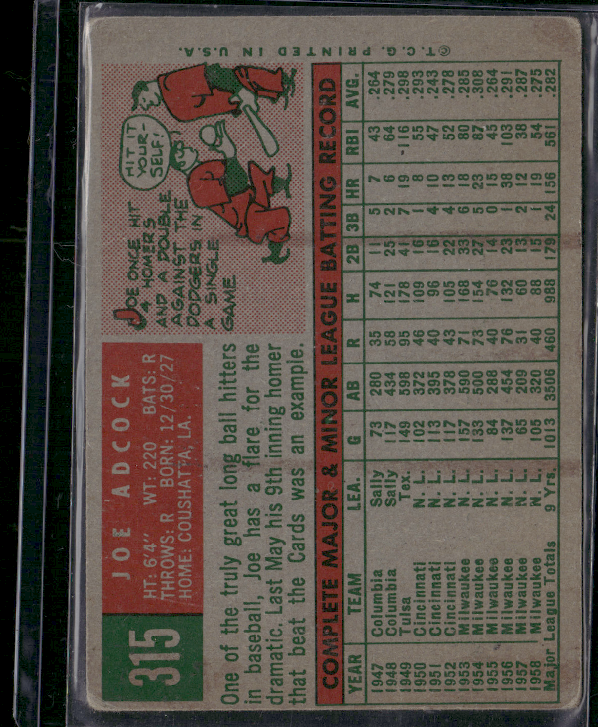 1959 Topps JOE ADCOCK #315