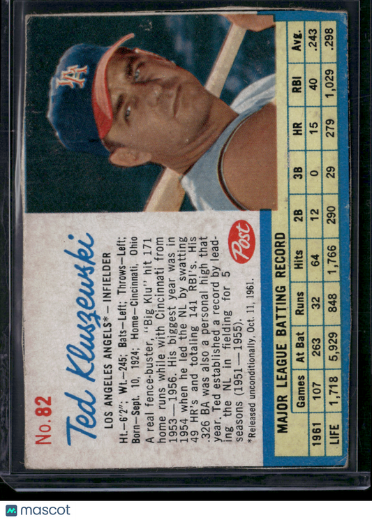 1962 Cereal TED KLUSZEWSKI #82 Light Scratch (VG)