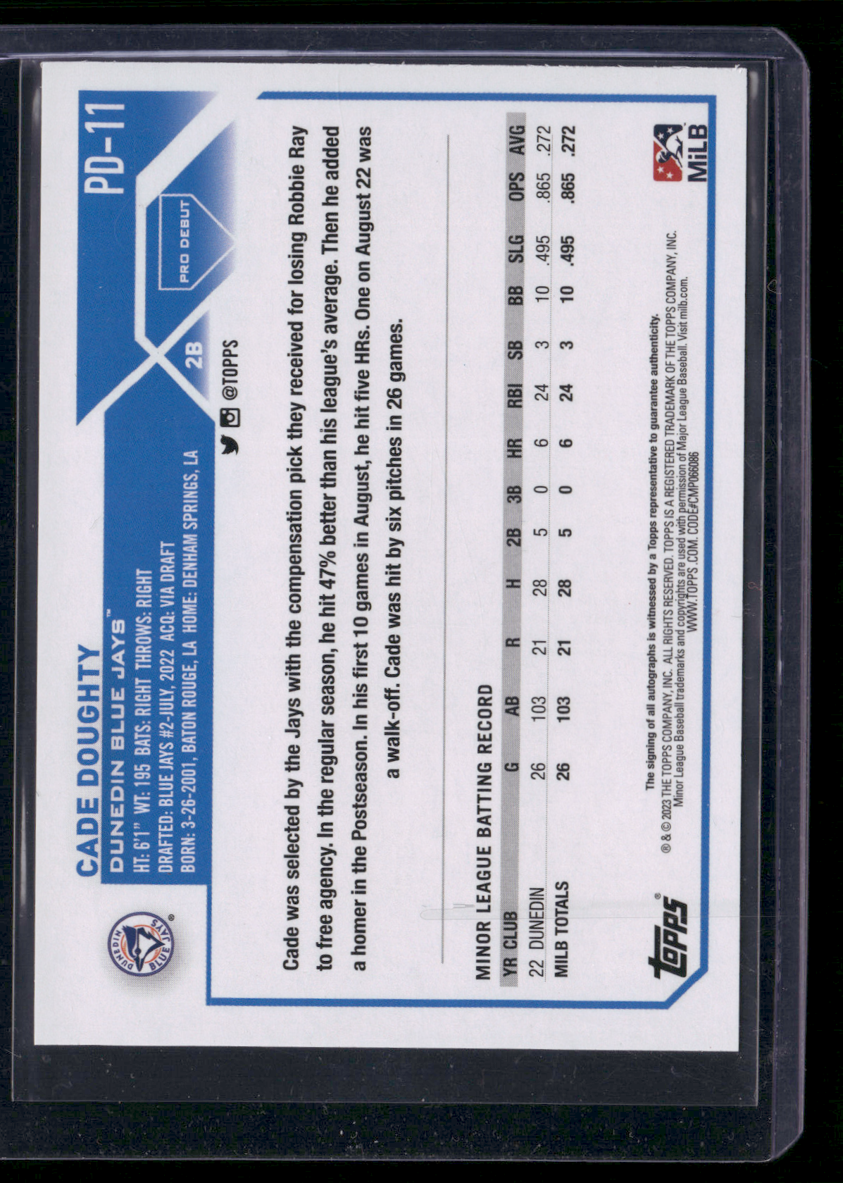 2023 Pro Debut CADE DOUGHTY #PD-11 Auto (NM)