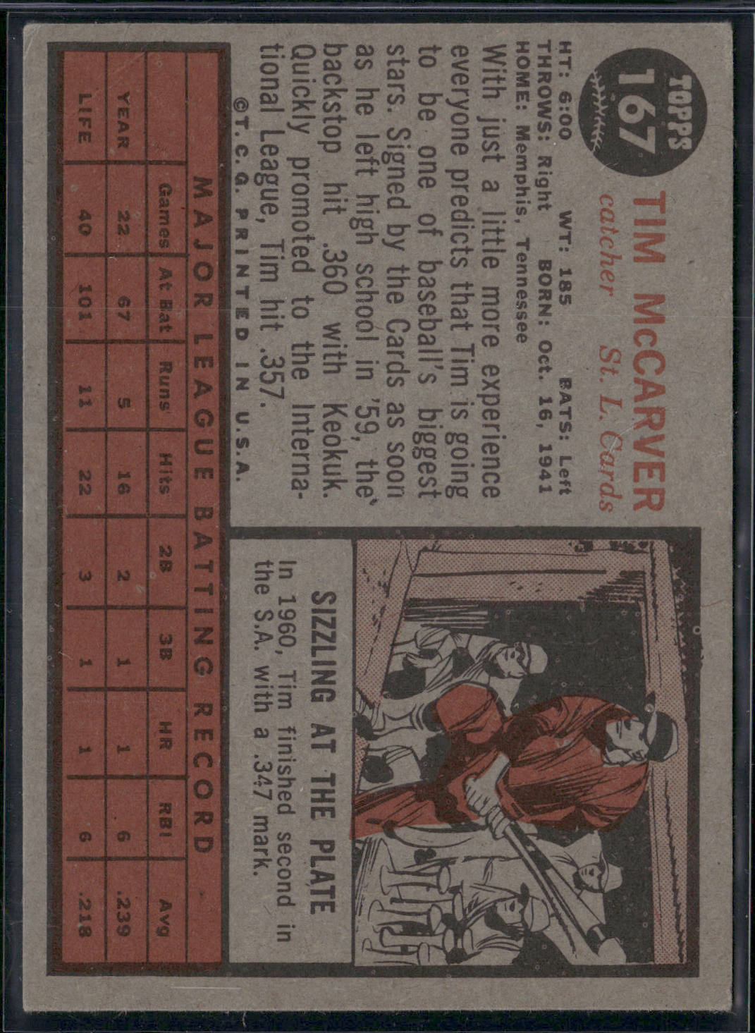 1962 Topps TIM MCCARVER #167 Light Wrinkle back corner (VG/EX)