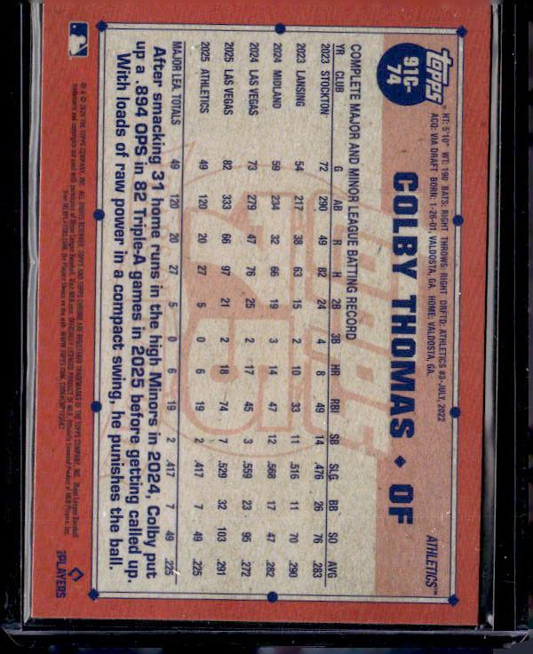 2026 Topps Series 1 COLBY THOMAS #91C-74 1991 Topps Mojo Rookie RC