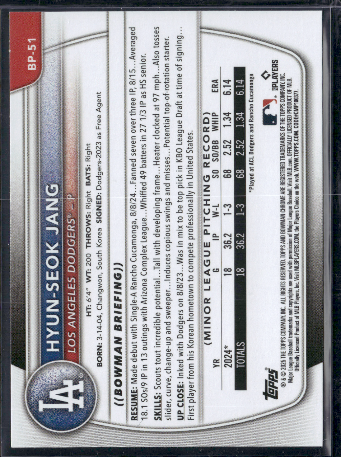 2025 Bowman HYUN-SEOK JANG #BP-51 1st Bowman