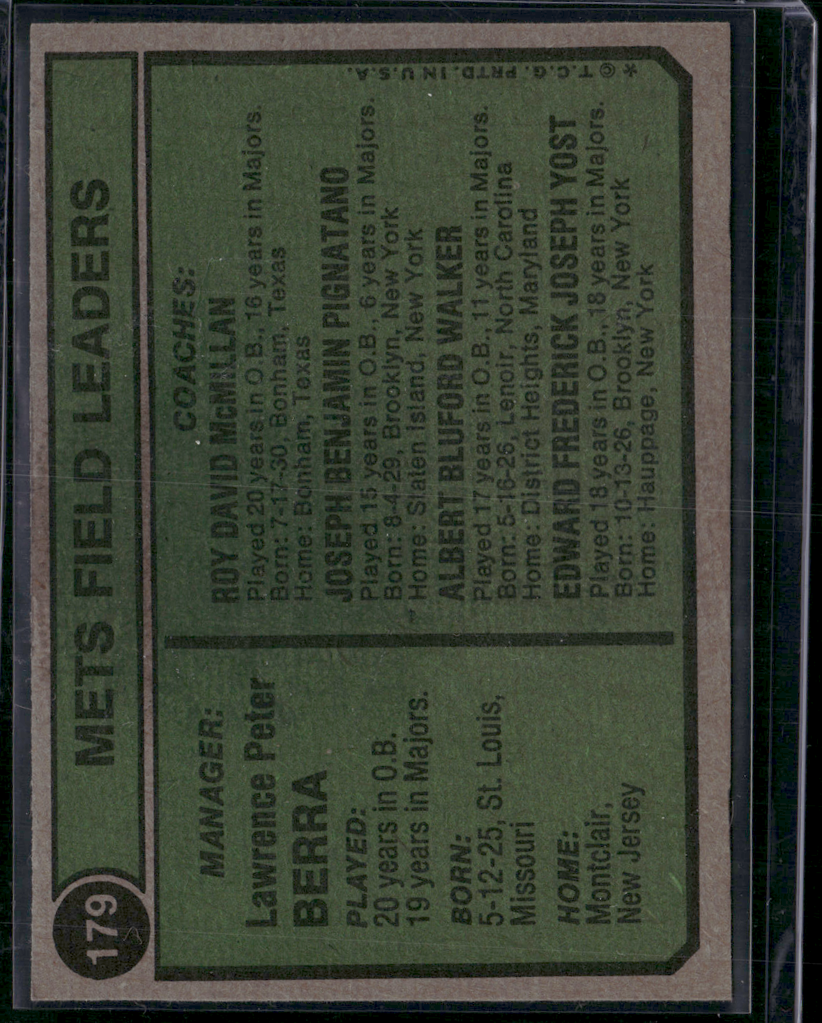 1974 Topps YOGI BERRA #179 Stain on back (EX)