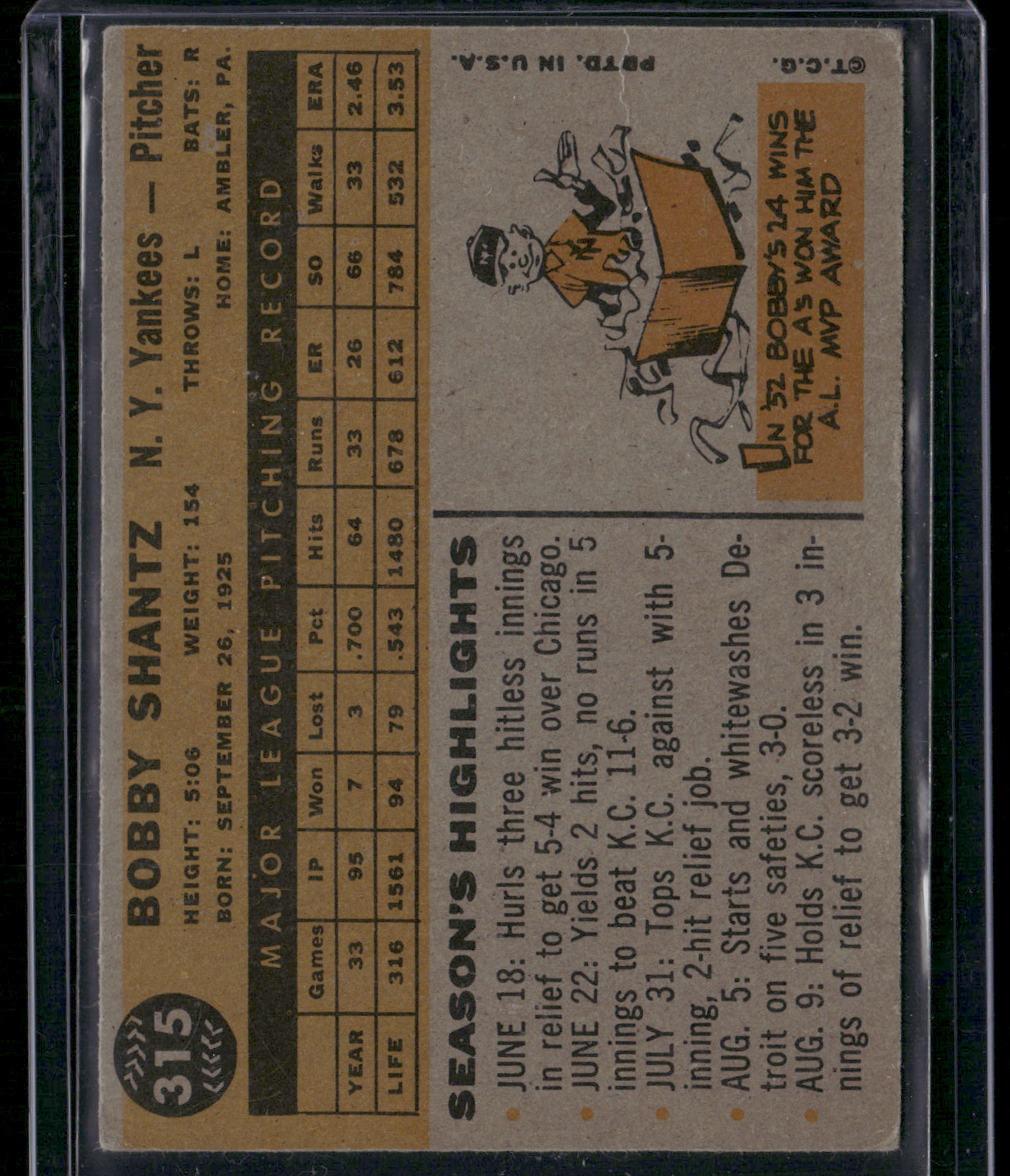 1960 Topps BOBBY SHANTZ #315 Light Wrinkles (VG)