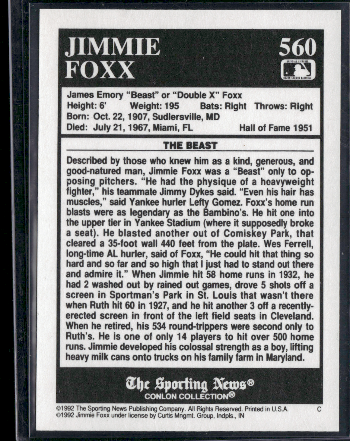1992 Conlon Collection JIMMY FOXX #560 (EX)