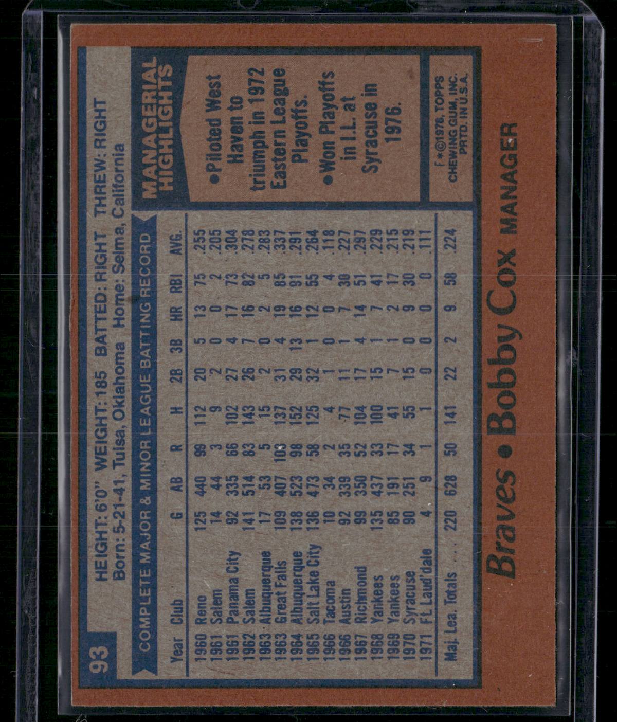 1978 Topps BOBBY COX #93 (EX-EX/MT)