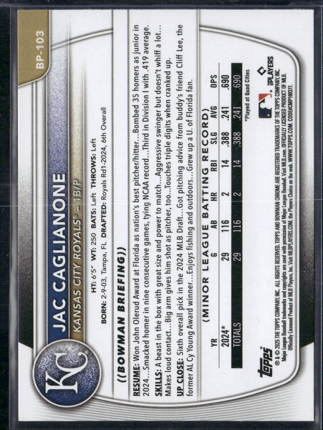 2025 Bowman JAC CAGLIANONE #BP-103