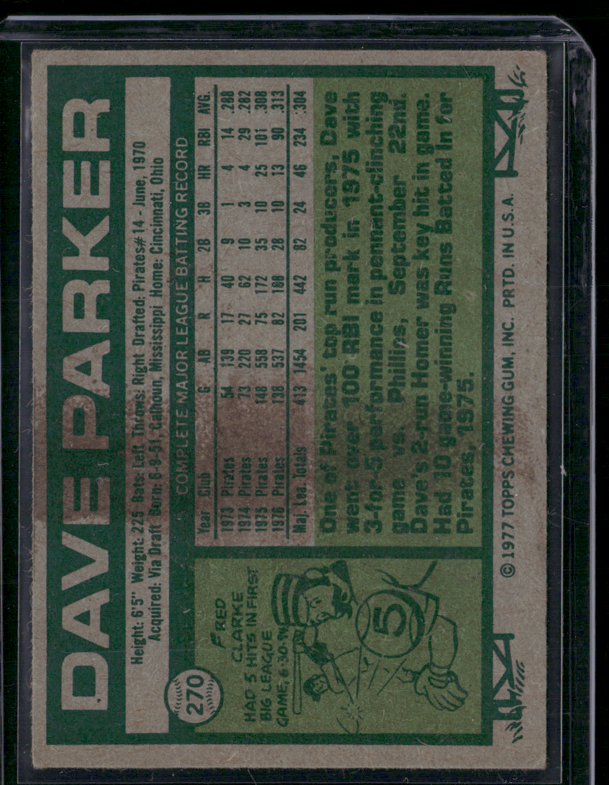 1977 Topps DAVE PARKER #270 Stain on Back Wrinkle (VG)