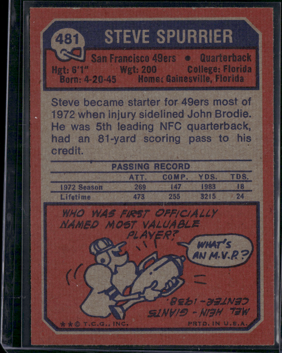 1973 Topps STEVE SPURRIER #481 (EX-EX/MT)