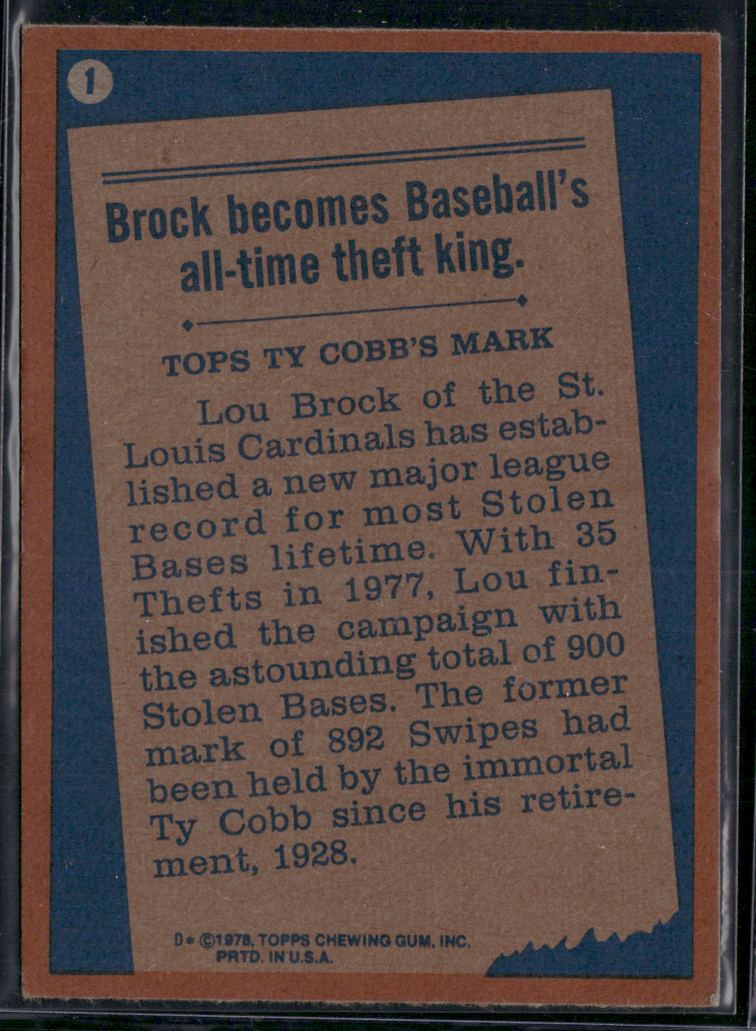 1978 Topps LOU BROCK #1 77 Record Breaker (EX-EX/MT)
