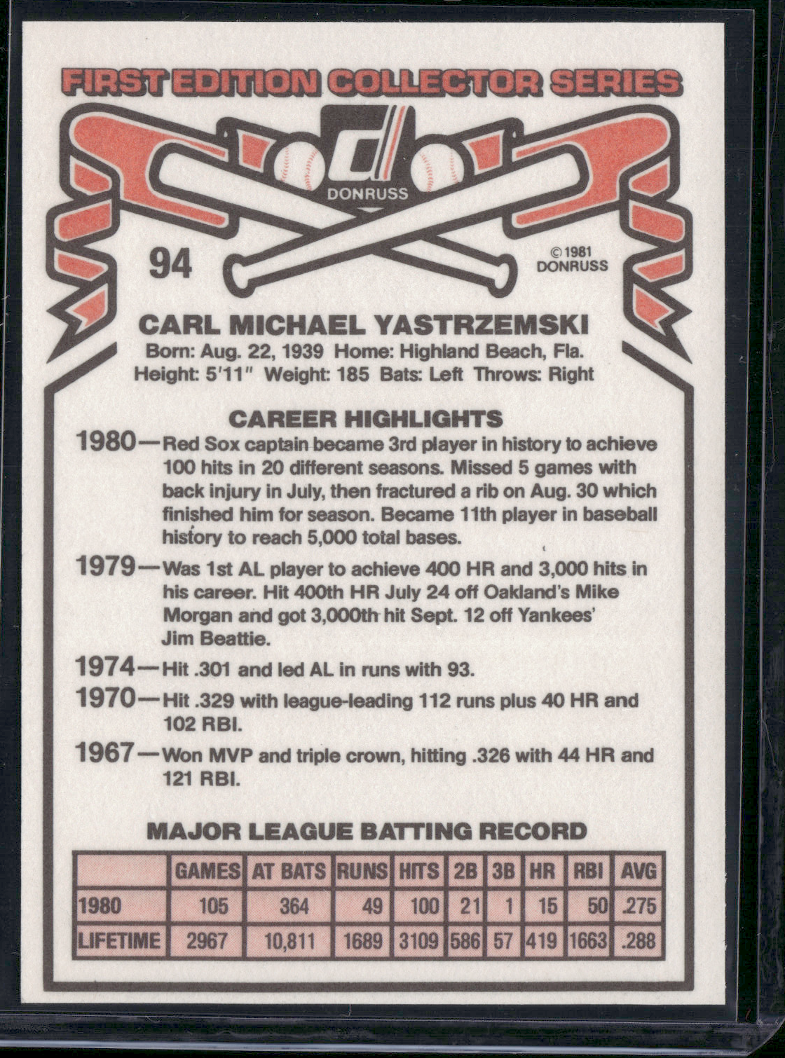 1981 Donruss CARL YASTRZEMSKI #94 (NM)