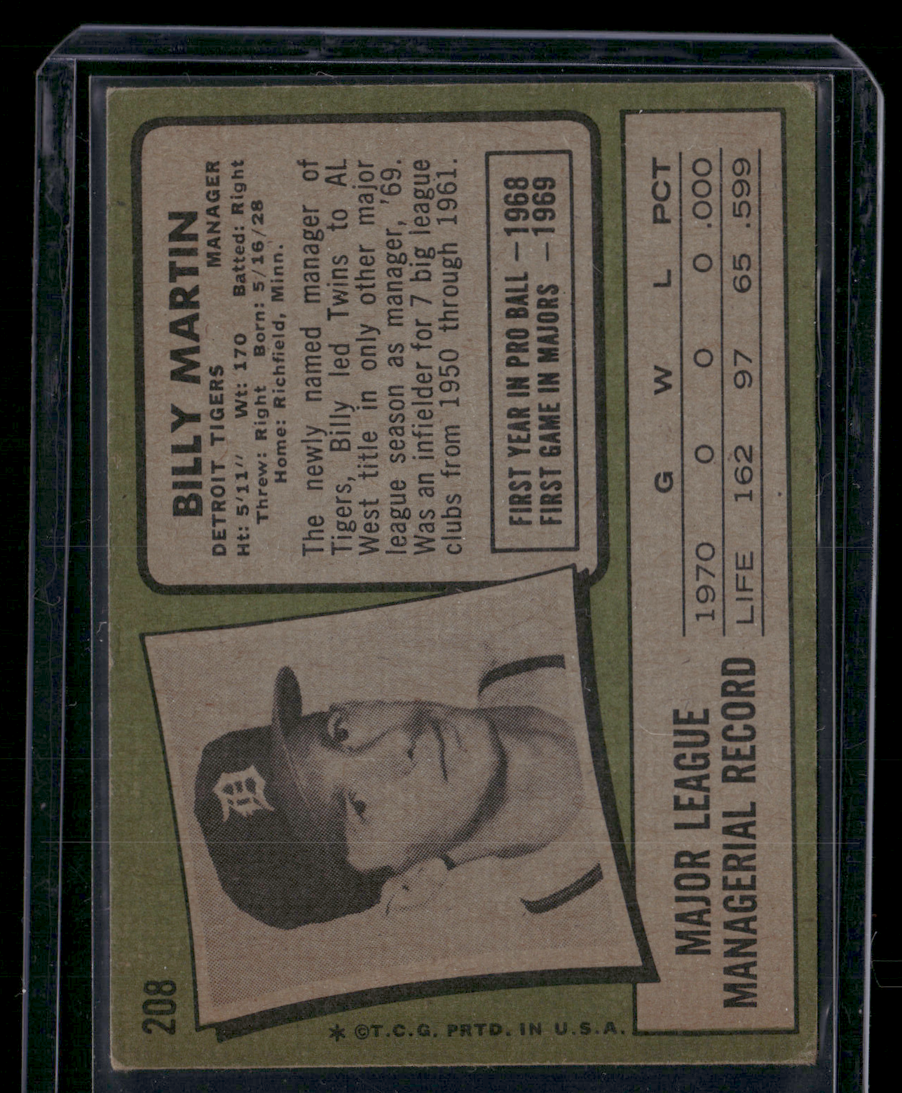 1971 Topps BILLY MARTIN #208 Staining (Good)