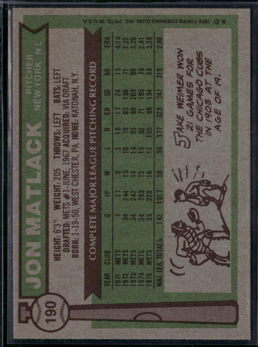 1976 Topps JON MATLACK #190 (EX-EX/MT)