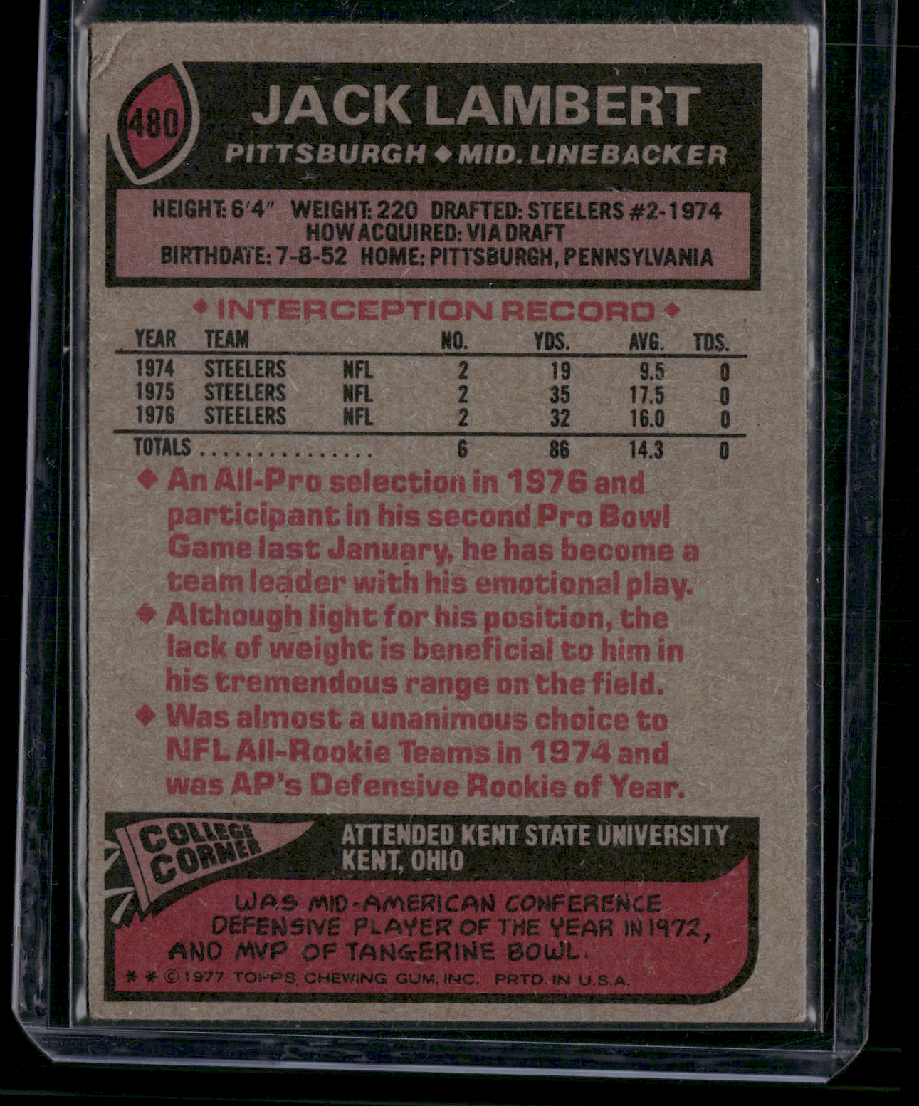 1977 Topps JACK LAMBERT #480 surface Dents Corner Creases (Good)