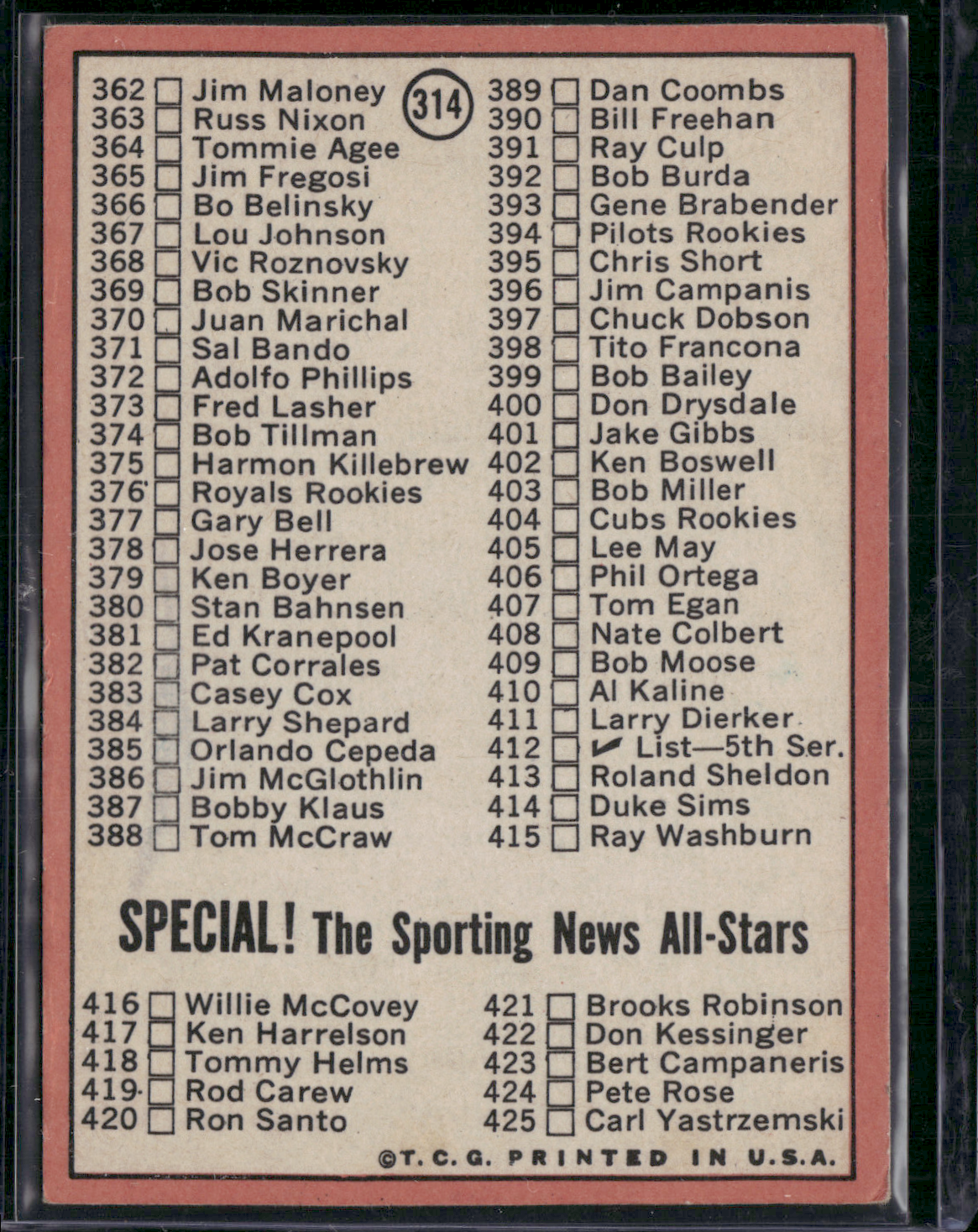 1969 Topps CHECKLIST - DON DRYSDALE #314 (VG/EX)