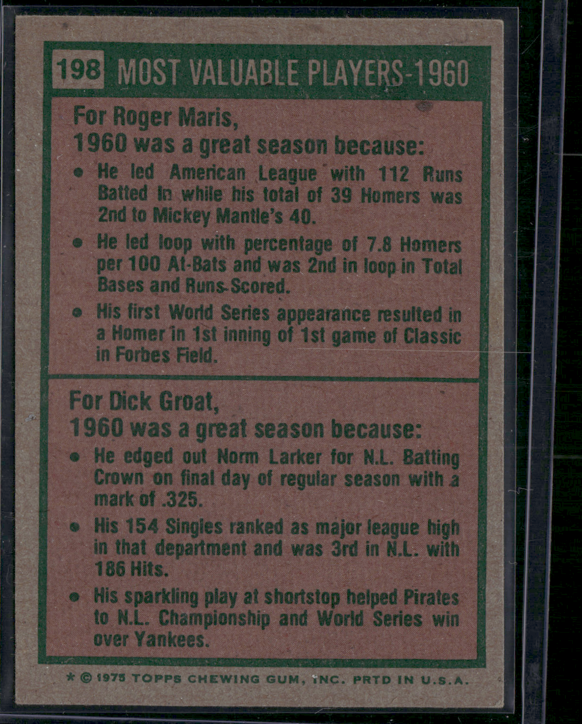 1975 Topps ROGER MARIS/DICK GROAT #198 1960 MVP's Toning (VG)