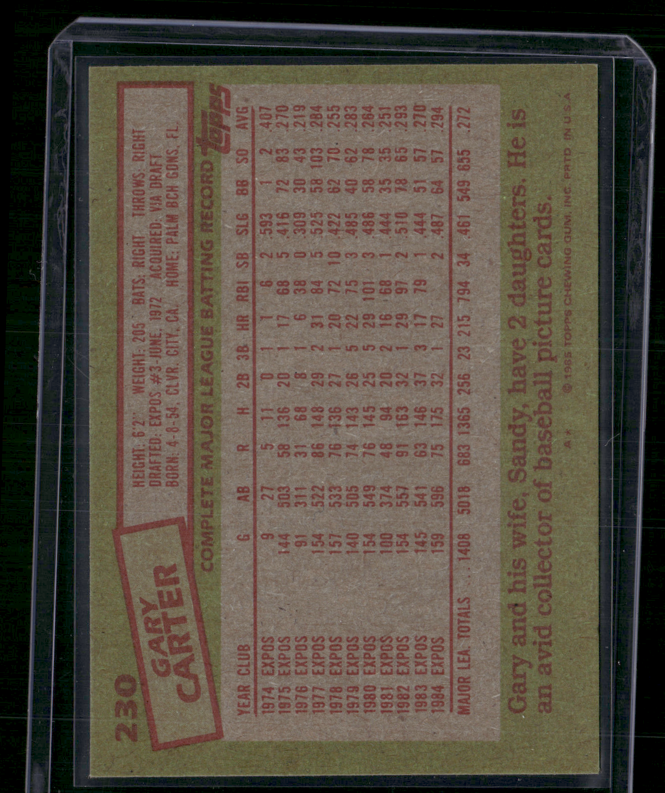 1985 Topps GARY CARTER #230 (EX-EX/MT)