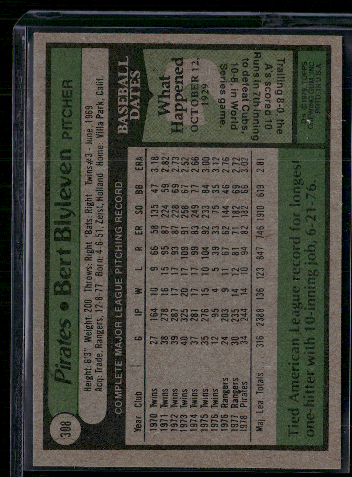 1979 Topps BERT BLYLEVEN #308 (EX/MT-NM)