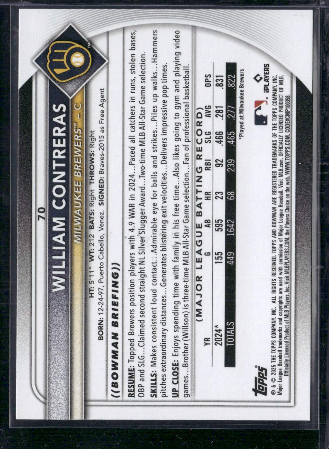2025 Bowman WILLIAM CONTRERAS #70