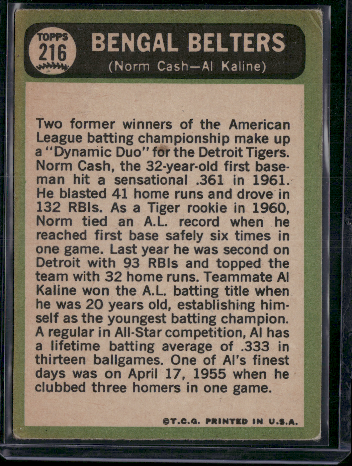 1967 Topps AL KALINE/NORM CASH #216 Bengal Belters (VG)