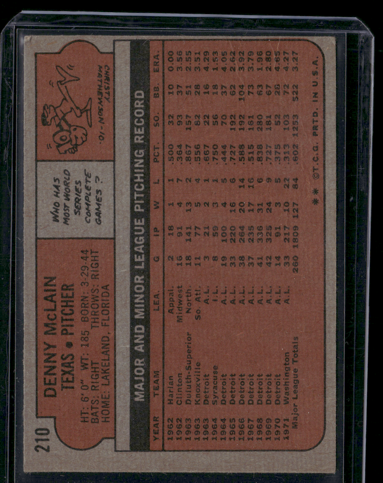 1972 Topps DENNY MCLAIN #210 Light Staining (VG)