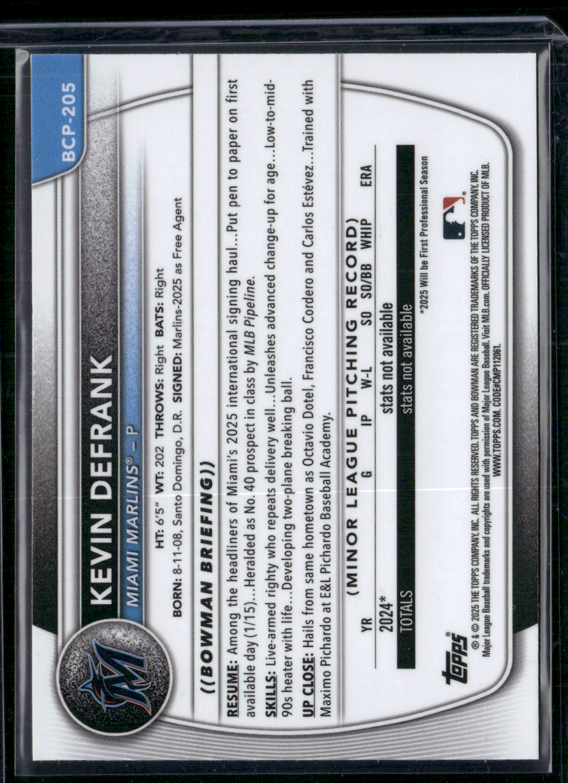2025 Bowman Chrome KEVIN DEFRANK #BCP-205 1st Bowman Geometric