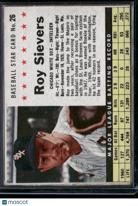 1961 Post Cereal Box ROY SIEVERS #26 Hand Cut (VG)