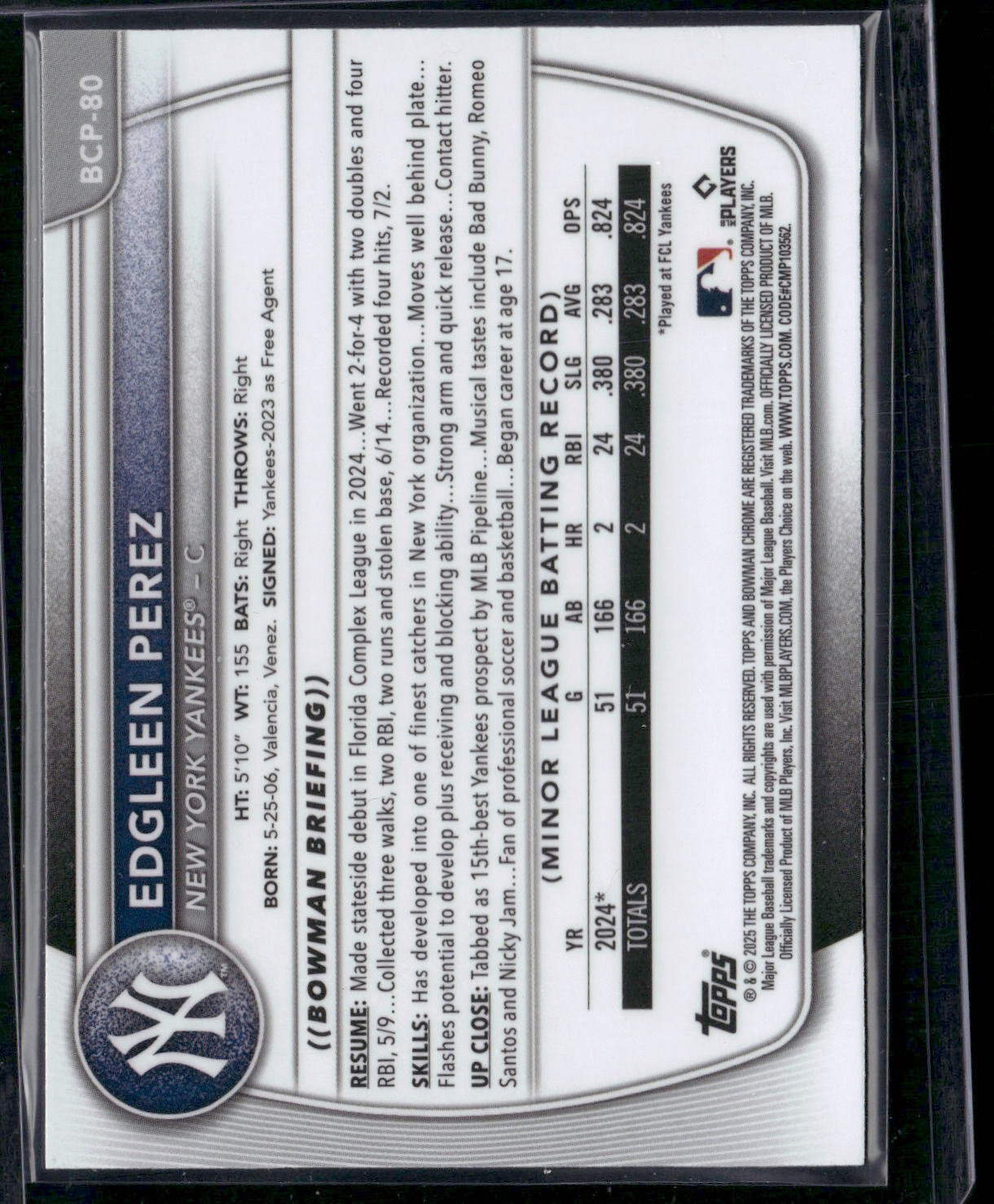 2025 Bowman EDGLEEN PEREZ #BCP-80 Chrome Mojo 1st Bowman