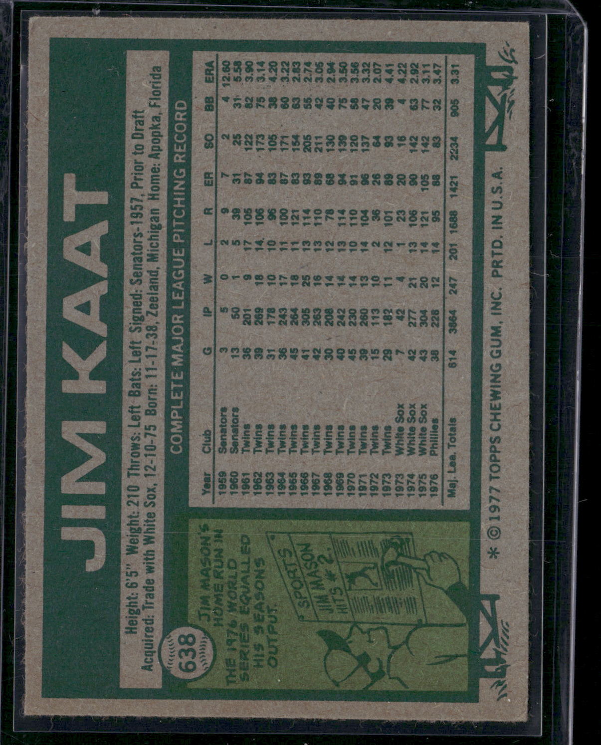 1977 Topps JIM KAAT #638 (VG/EX-EX)