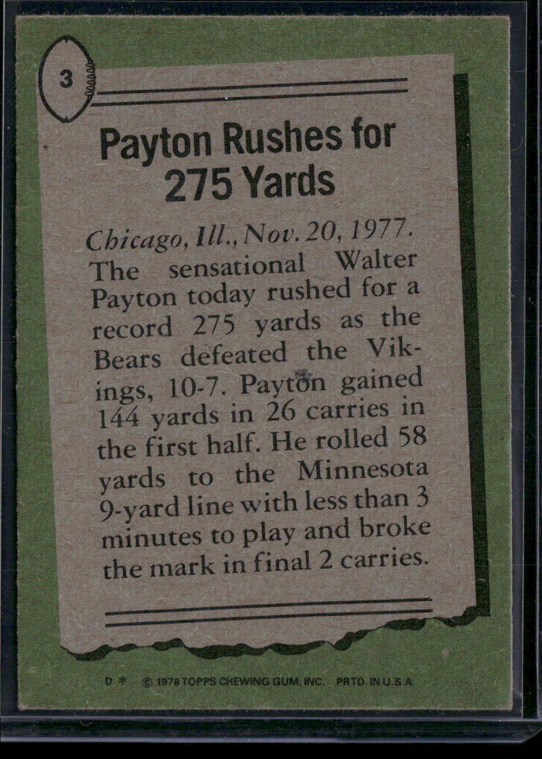 1978 Topps WALTER PAYTON #3 1977 Highlights Light Wrinkle (VG/EX)