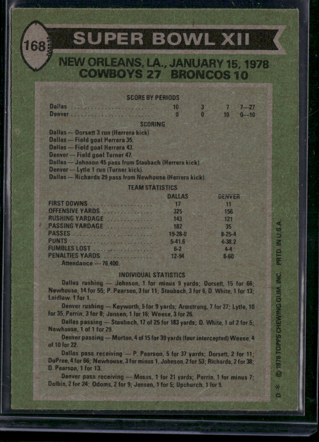 1978 Topps TONY DORSETT #168 Super Bowl XII (EX)