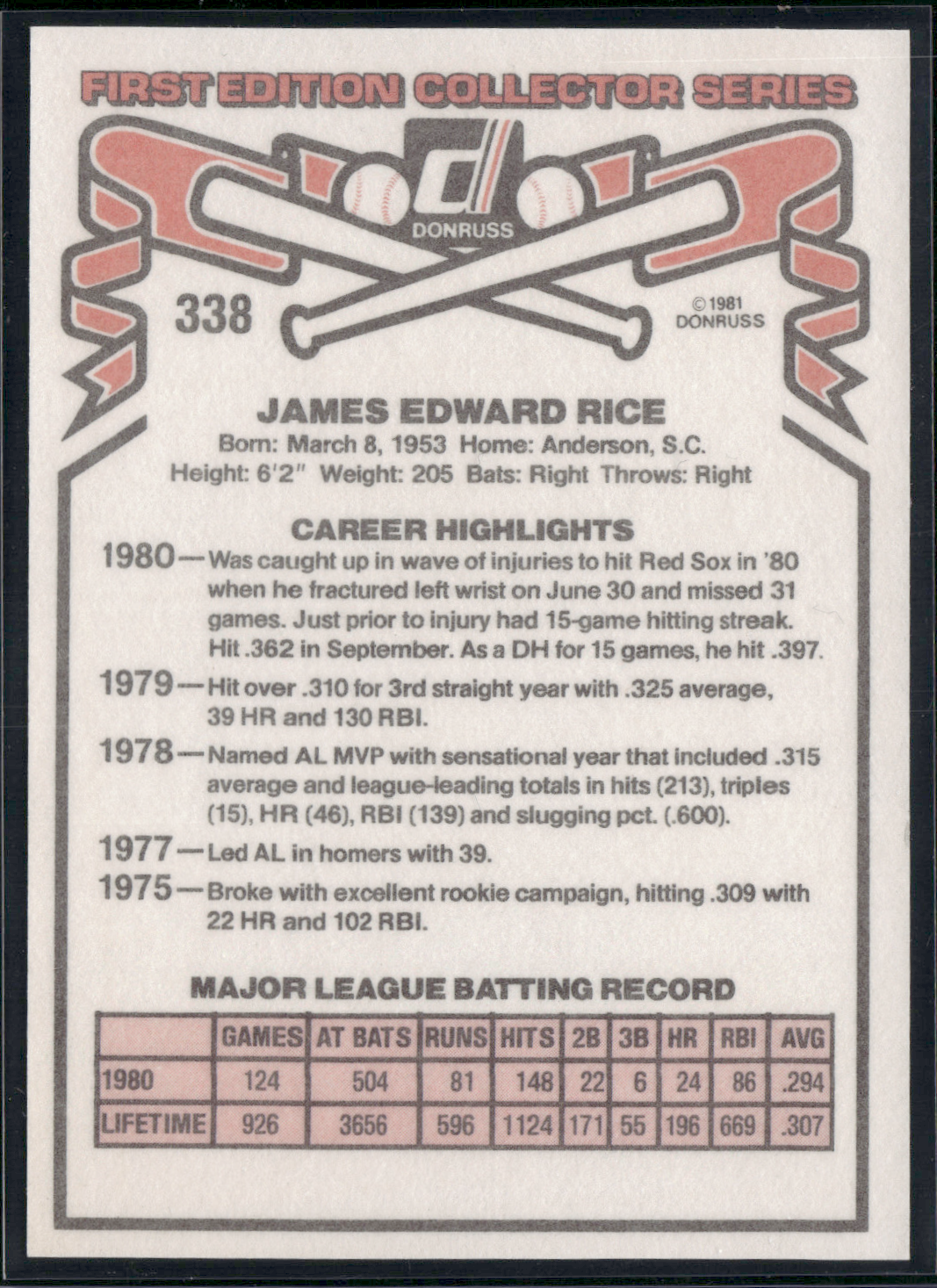 1981 Donruss JIM RICE #338 (NM)