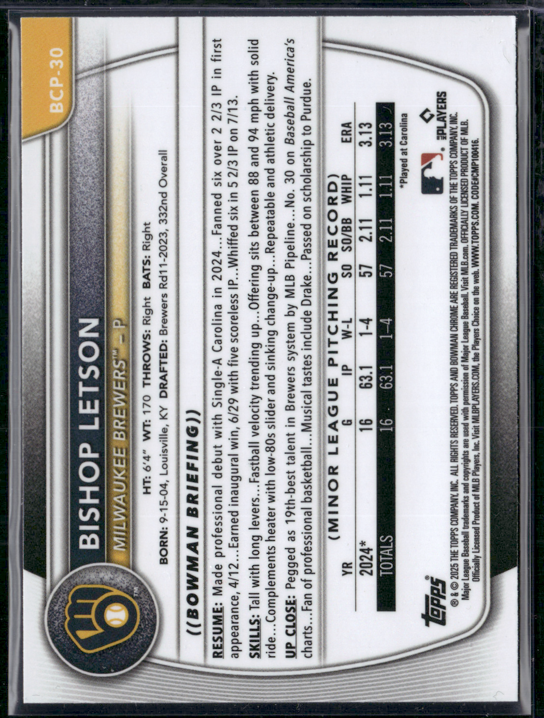 2025 Bowman BISHOP LETSON #BCP-30 1st Bowman Chrome