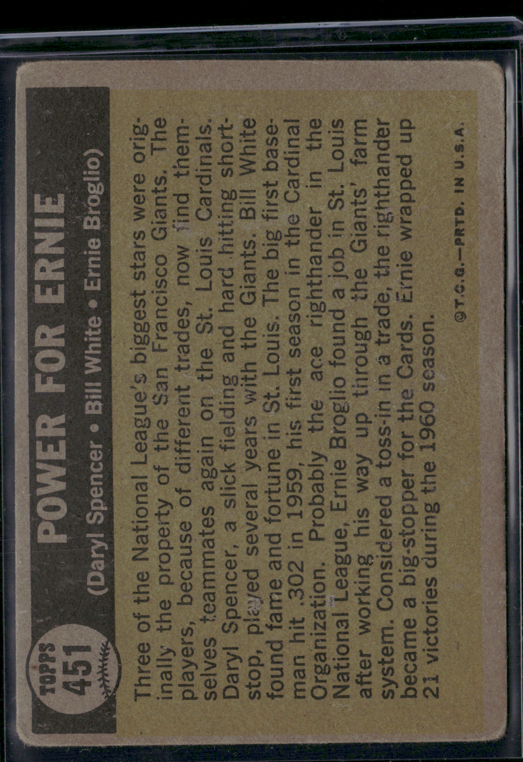 1961 Topps ERNIE BROGLIO/BILL WHITE/DARYL SPENCER #451 Power For Ernie (VG)