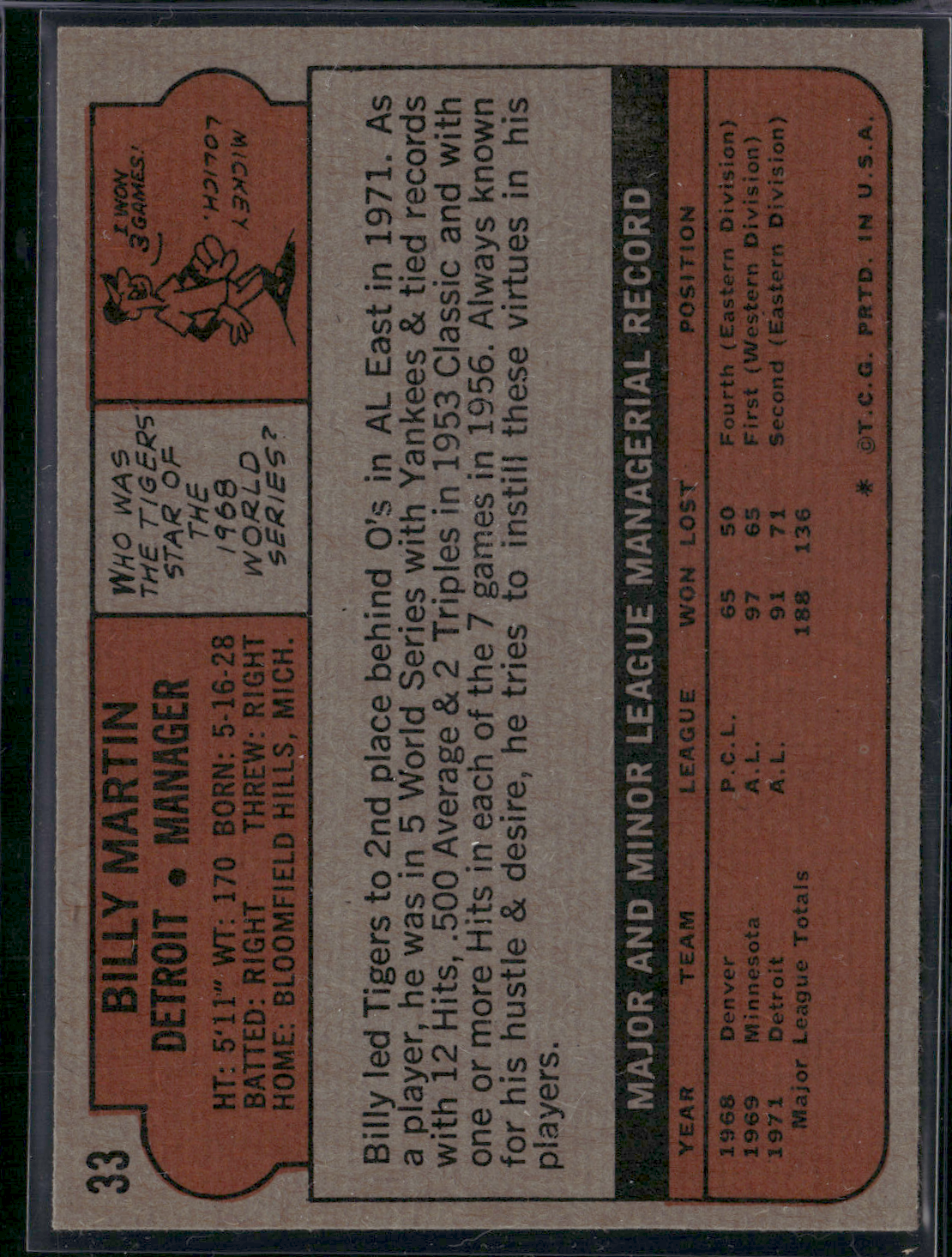 1972 Topps BILLY MARTIN #33 (VG/EX)