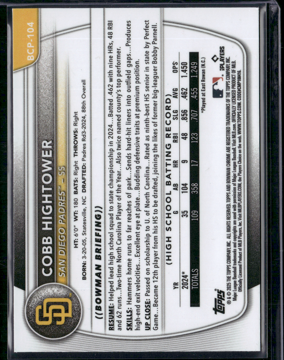 2025 Bowman COBB HIGHTOWER #BCP-104 Reptilian 1st Bowman