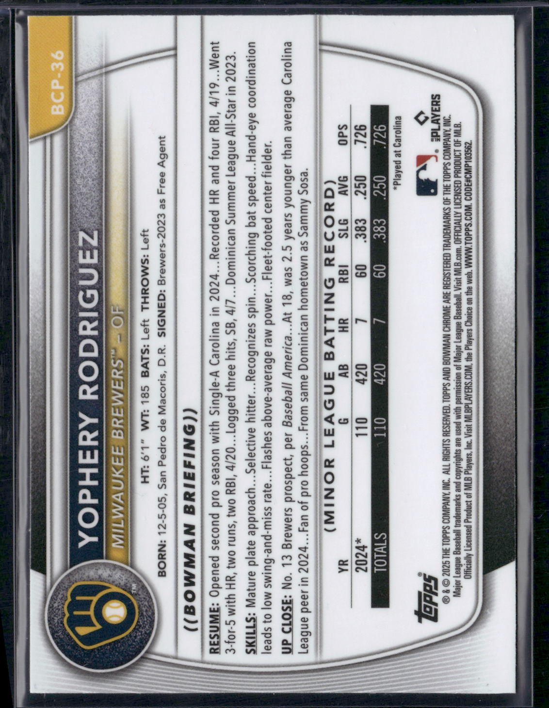 2025 Bowman YOPHERY RODRIGUEZ #BCP-36 Chrome Mojo 1st Bowman