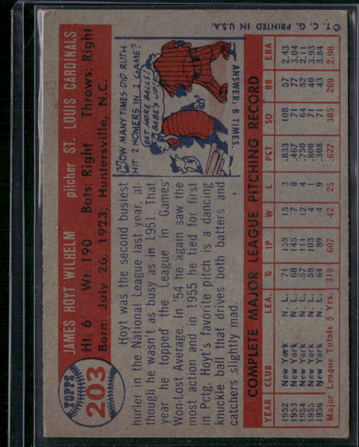 1957 Topps HOYT WILHELM #203 Pressure Dent Pencil (VG)