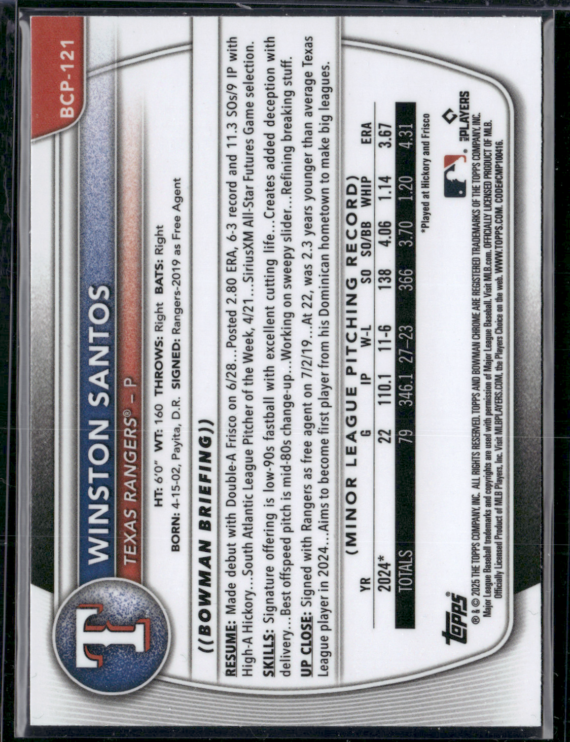 2025 Bowman WINSTON SANTOS #BCP-121 1st Bowman Chrome