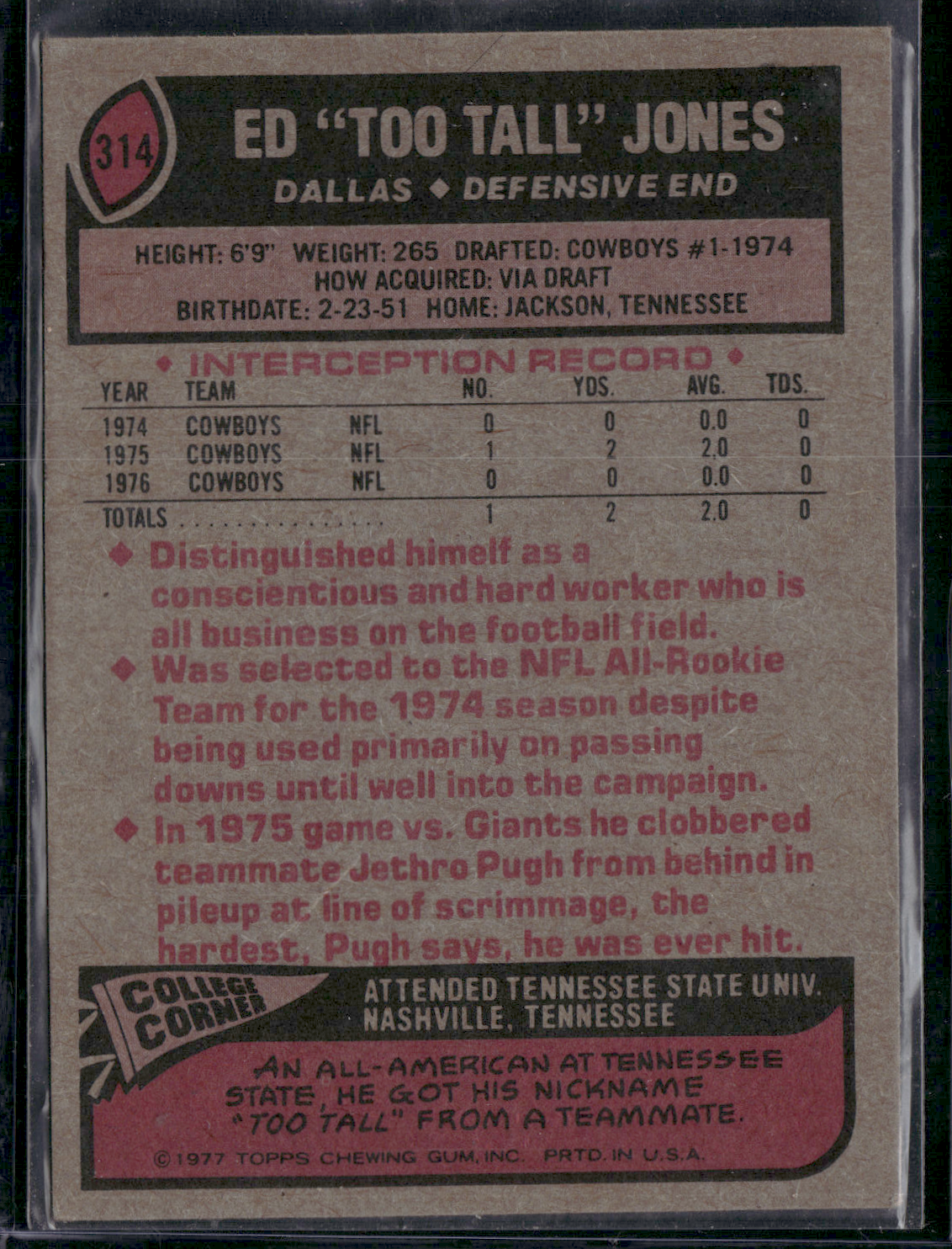 1977 Topps ED "TOO TALL" JONES #314