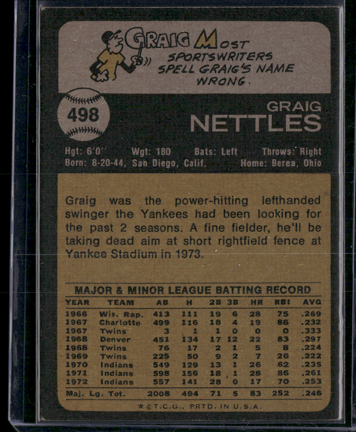 1973 Topps CRAIG NETTLES #498 (VG/EX)