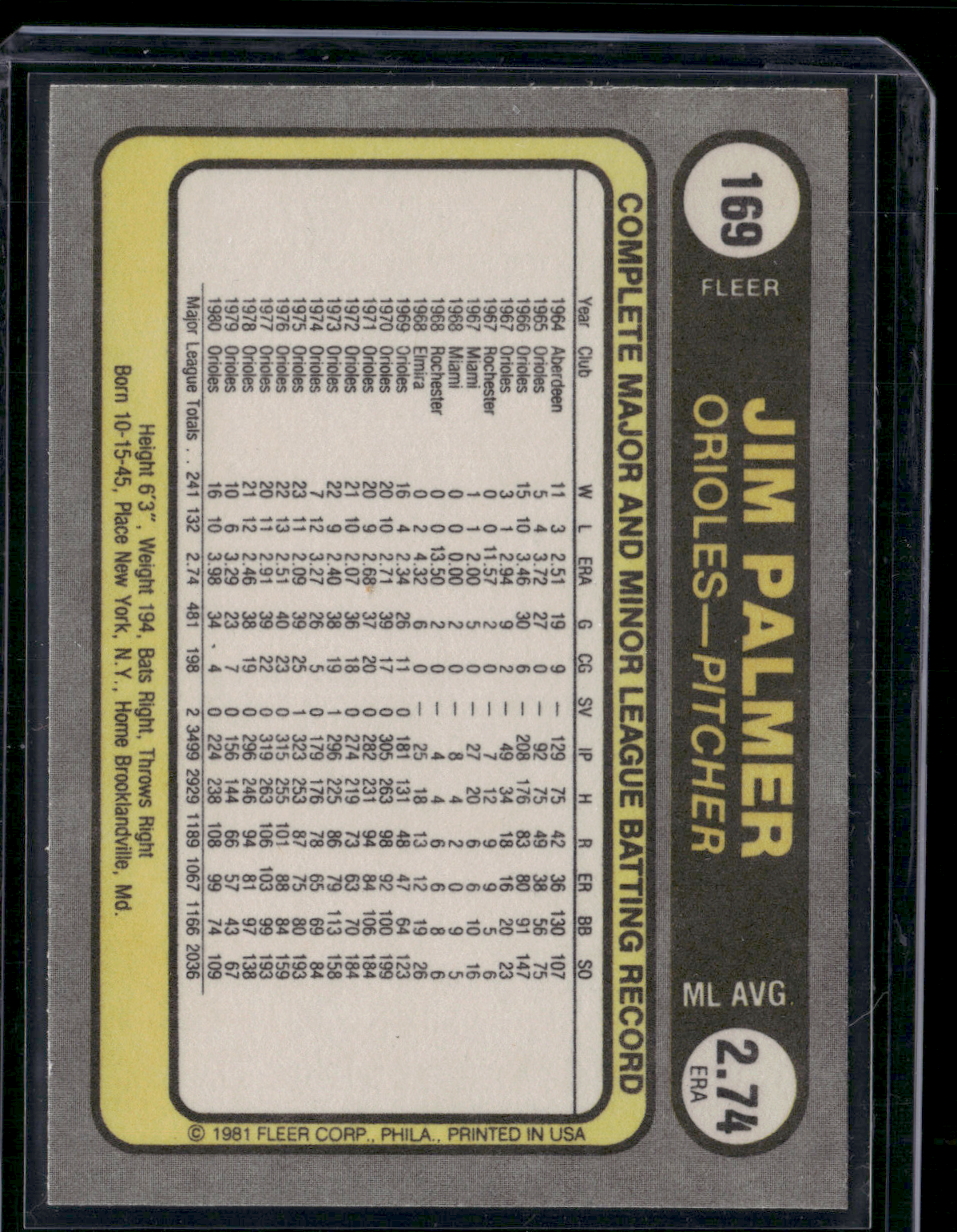 1981 Fleer JIM PALMER #169 (NM)