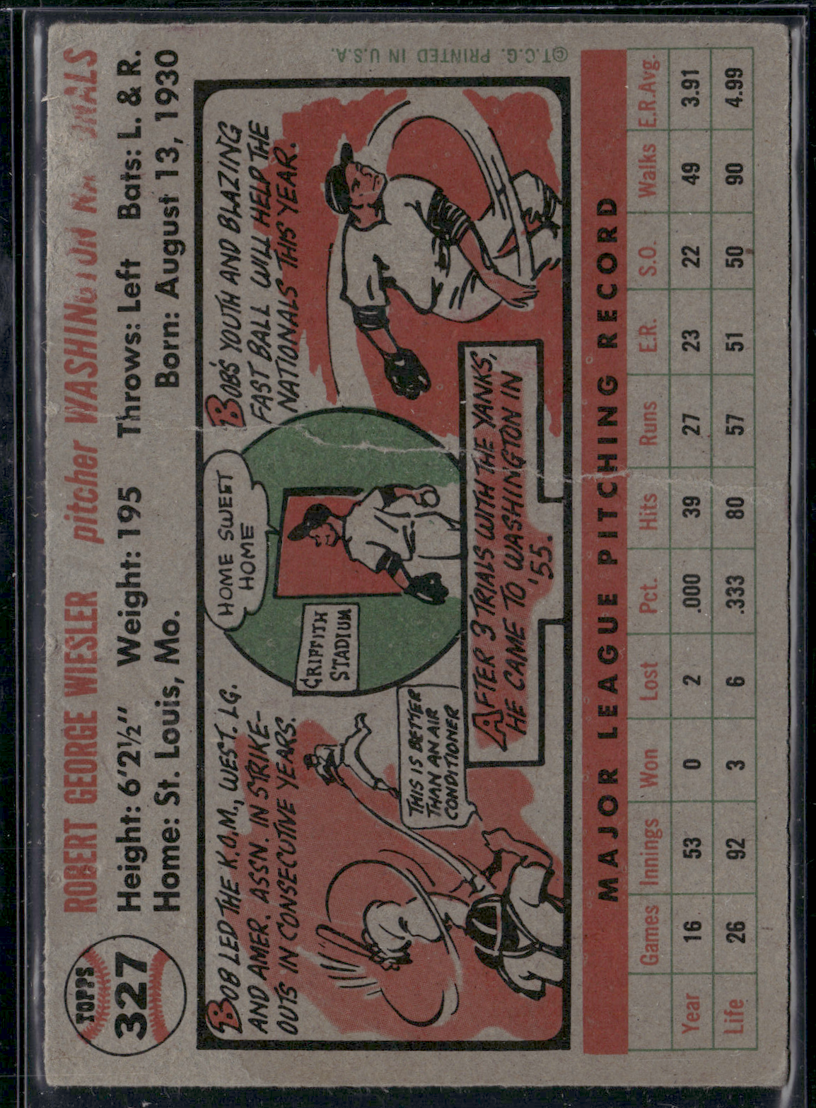 1956 Topps BOB WIESLER #327 Crease Paper Loss on Back