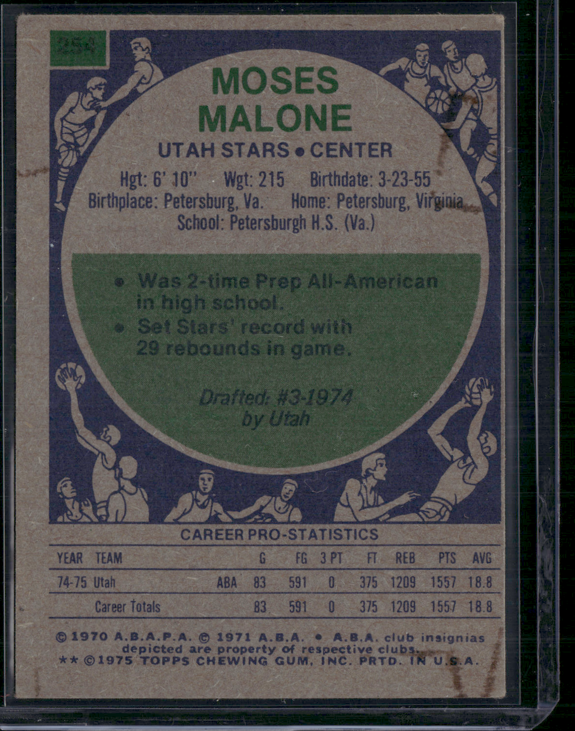 1975 Topps MOSES MALONE #254 Stains on back (VG)